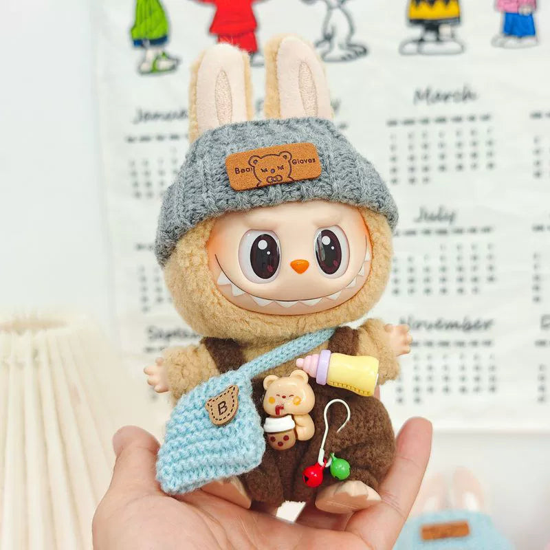 17cm Labubu Keychain Widgets Doll Clothes Cute Labubu Milk Bottle Overalls Suit