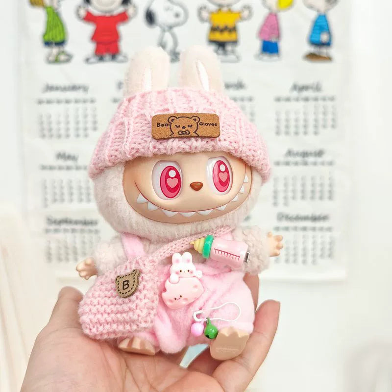 17cm Labubu Keychain Widgets Doll Clothes Cute Labubu Milk Bottle Overalls Suit