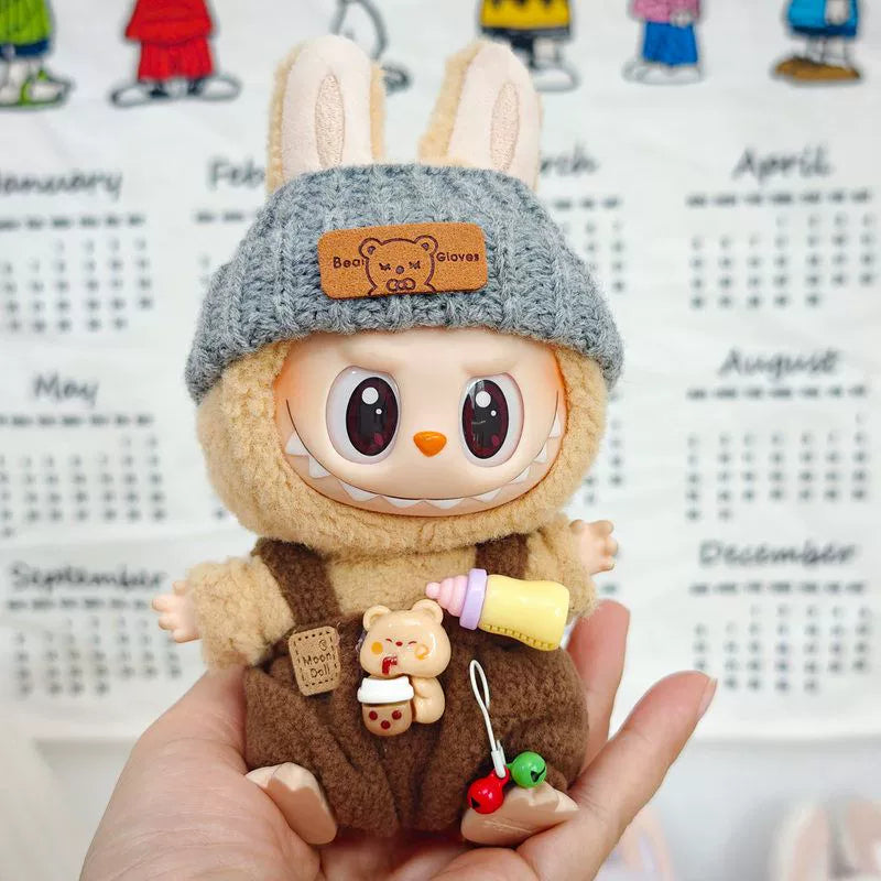 17cm Labubu Keychain Widgets Doll Clothes Cute Labubu Milk Bottle Overalls Suit