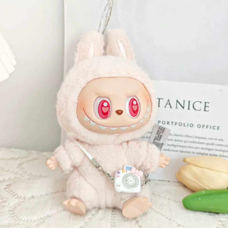 17cm Labubu Keychain Widgets Doll Clothes Cute Labubu Milk Bottle Overalls Suit