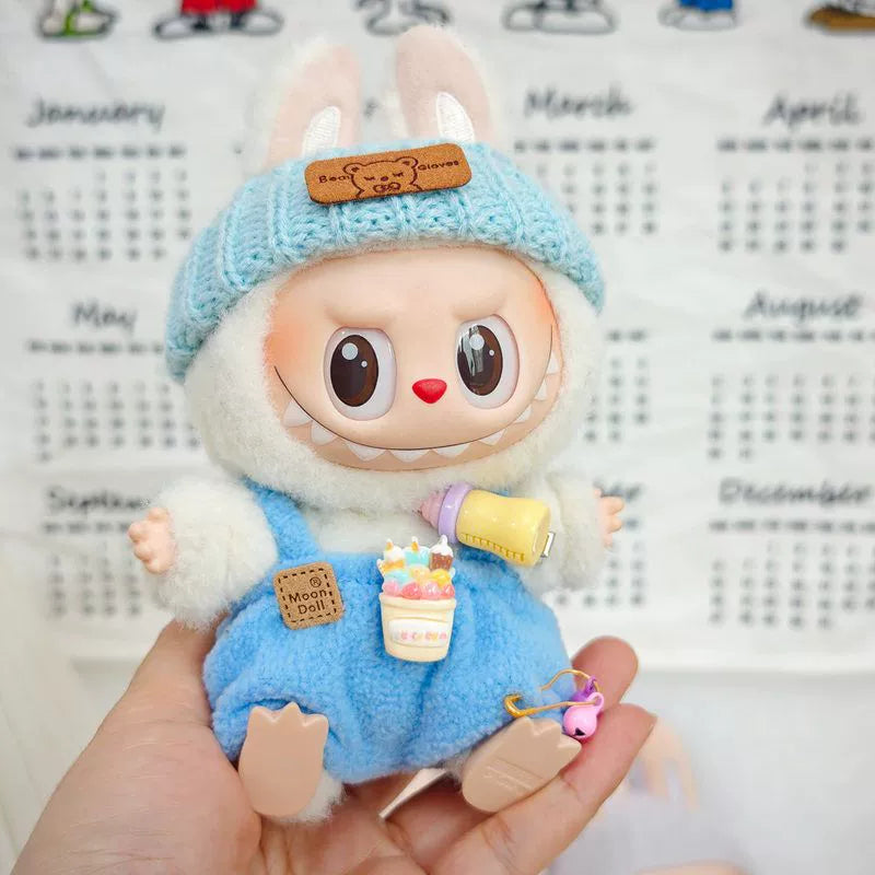 17cm Labubu Keychain Widgets Doll Clothes Cute Labubu Milk Bottle Overalls Suit