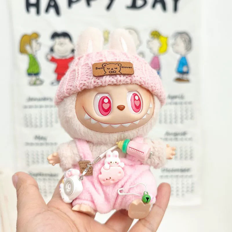 17cm Labubu Keychain Widgets Doll Clothes Cute Labubu Milk Bottle Overalls Suit