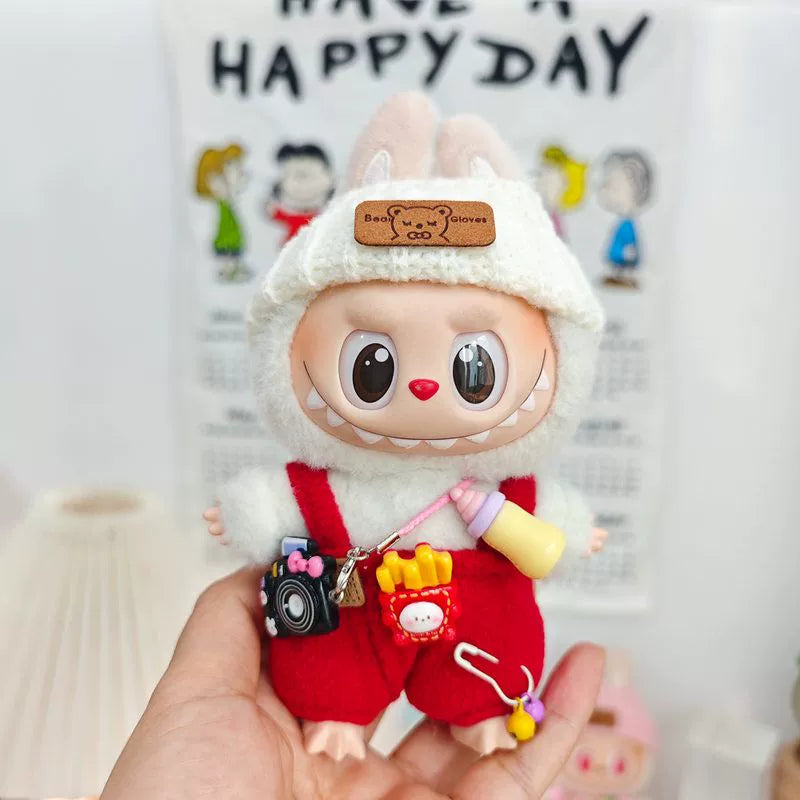 17cm Labubu Keychain Widgets Doll Clothes Cute Labubu Milk Bottle Overalls Suit