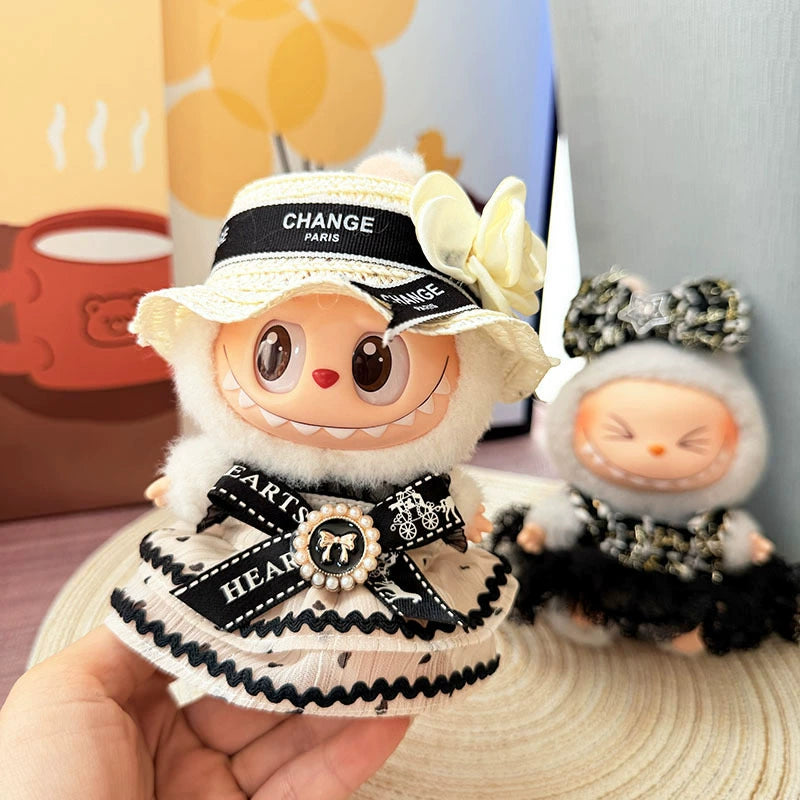 Labubu Have a Seat Doll Clothes 17cm Labubu Clothes Clothes Elegant Black and Gold Polka Dot Skirt
