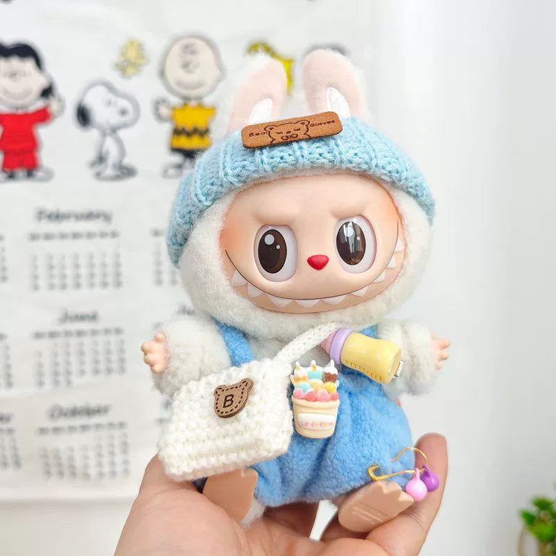 17cm Labubu Keychain Widgets Doll Clothes Cute Labubu Milk Bottle Overalls Suit