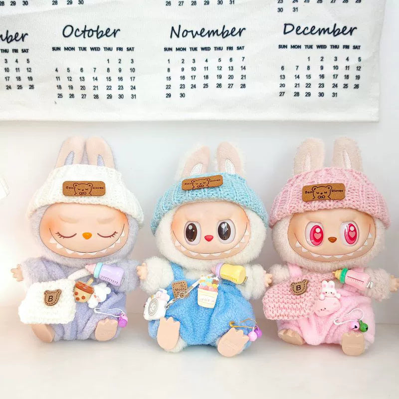 17cm Labubu Keychain Widgets Doll Clothes Cute Labubu Milk Bottle Overalls Suit