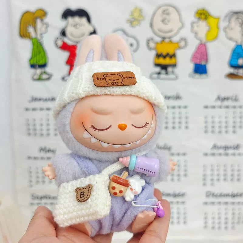 17cm Labubu Keychain Widgets Doll Clothes Cute Labubu Milk Bottle Overalls Suit
