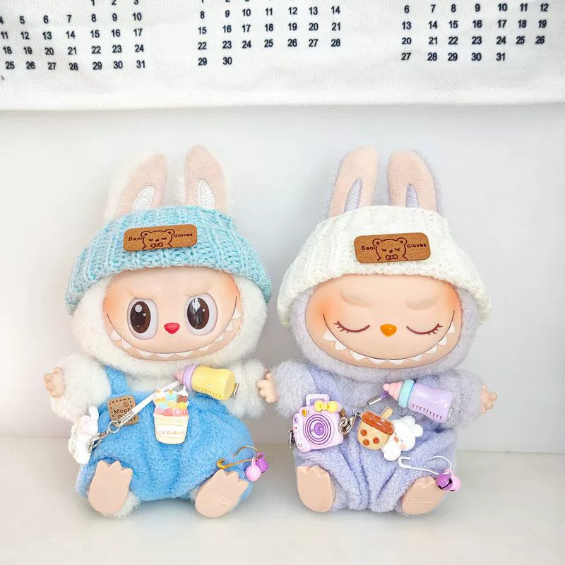 17cm Labubu Keychain Widgets Doll Clothes Cute Labubu Milk Bottle Overalls Suit