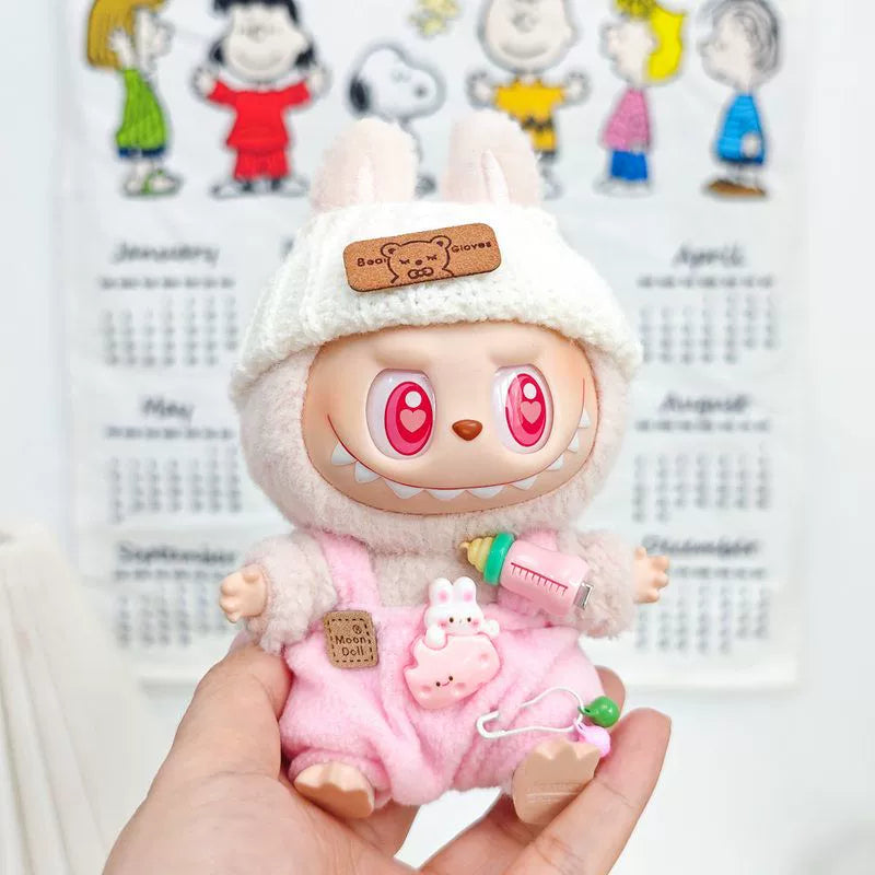 17cm Labubu Keychain Widgets Doll Clothes Cute Labubu Milk Bottle Overalls Suit